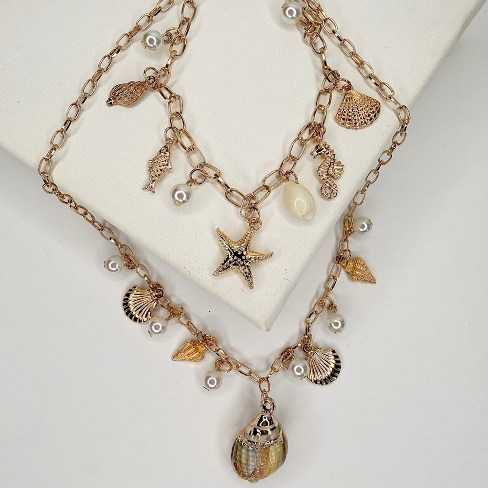 2 Piece Gold Beach Charm Layered Necklace Set